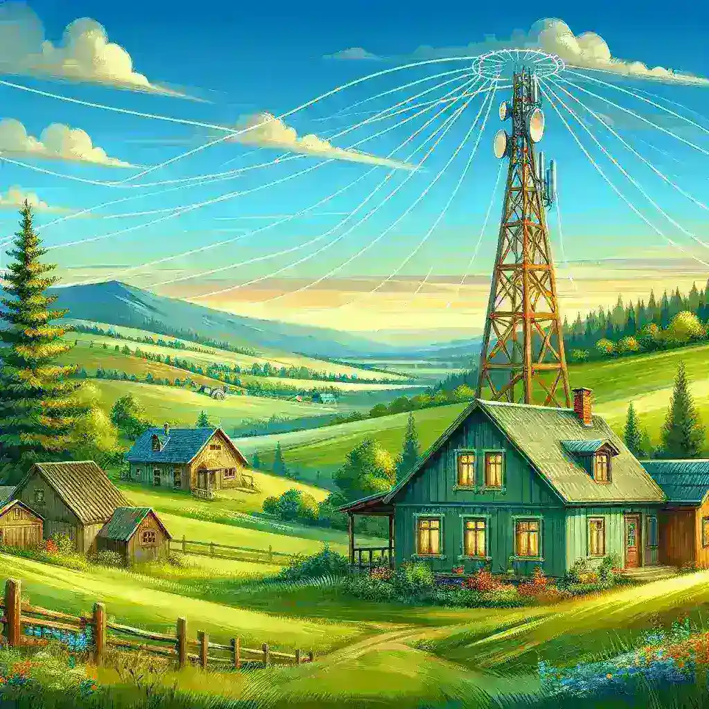 "Imagen de la regulación de precios por la CNMC para servicios de internet en zonas rurales, mostrando una zona rural con conexiones de internet, ilustrando el impacto de la nueva normativa en el acceso a internet."